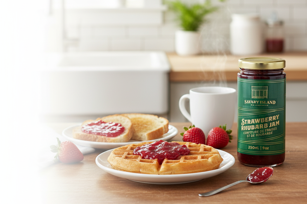 Waffle with strawberry rhubarb jam on a plate, jar of jam, and strawberries on a wooden table.